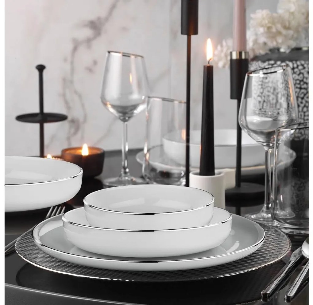 18 részes porcelán étkészlet, fehér/ezüstszínű