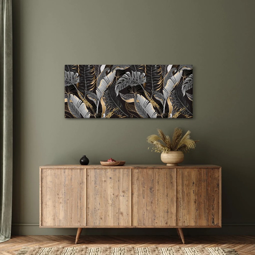 Kép - Trópusi levelek fekete és arany színben (120x50 cm)
