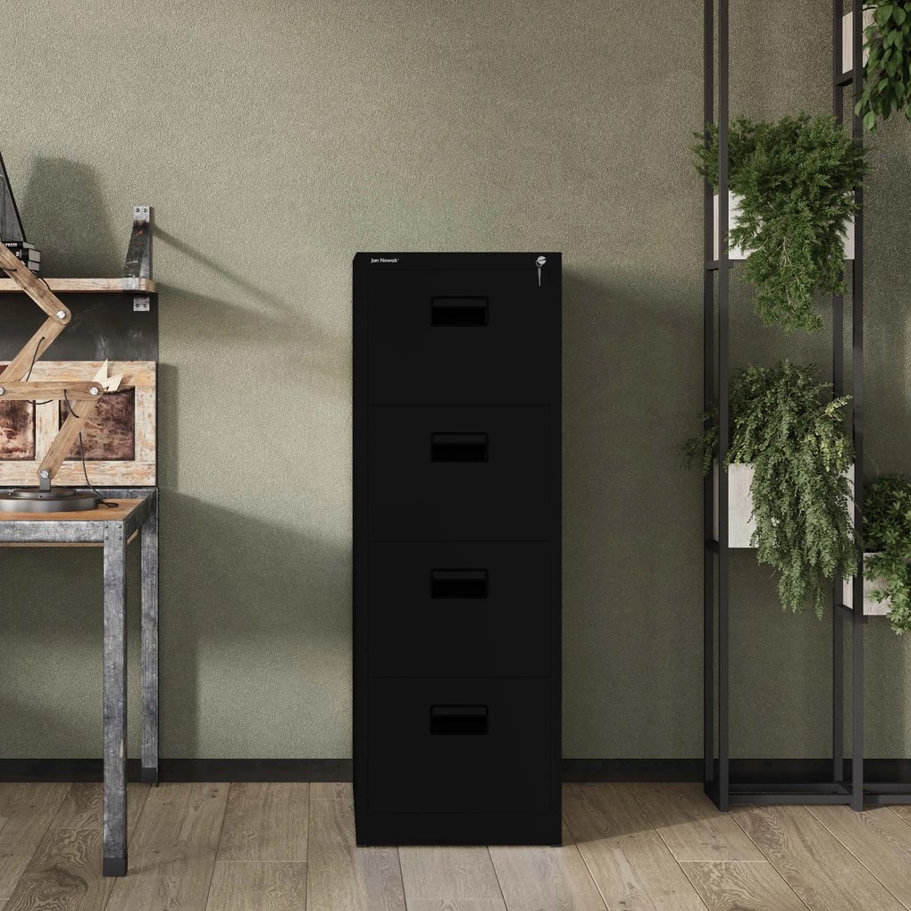 Fém irattartó szekrény, 4 fiókos SARA V4, 460 x 1320 x 620 mm, fekete