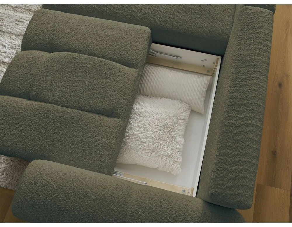 Khaki buklé kinyitható-tárolóhelyes sarokkanapé (bal oldali-heverő résszel) Roxelane – Bobochic Paris