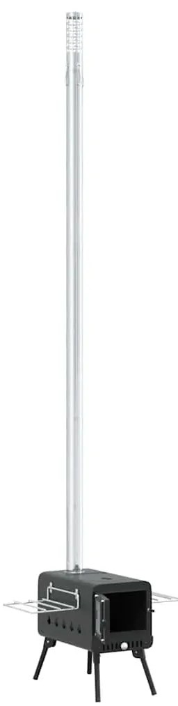 fekete acél sátorkályha kéménnyel és összecsukható lábakkal