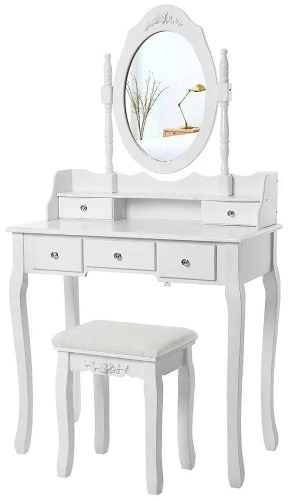 Falra rögzíthető 5 fiókos fésülködő asztal székkel és tükörrel, fehér