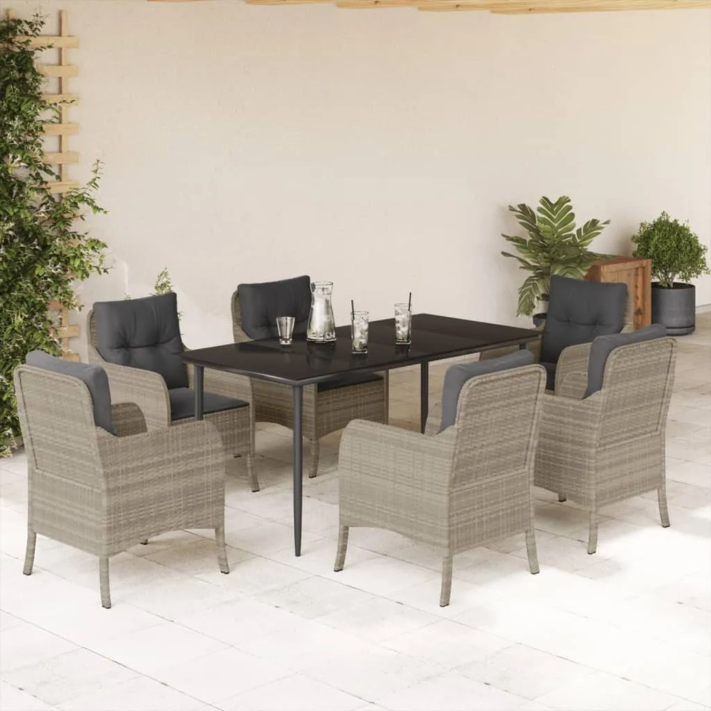 7 részes világosszürke polyrattan kerti étkezőszett párnával
