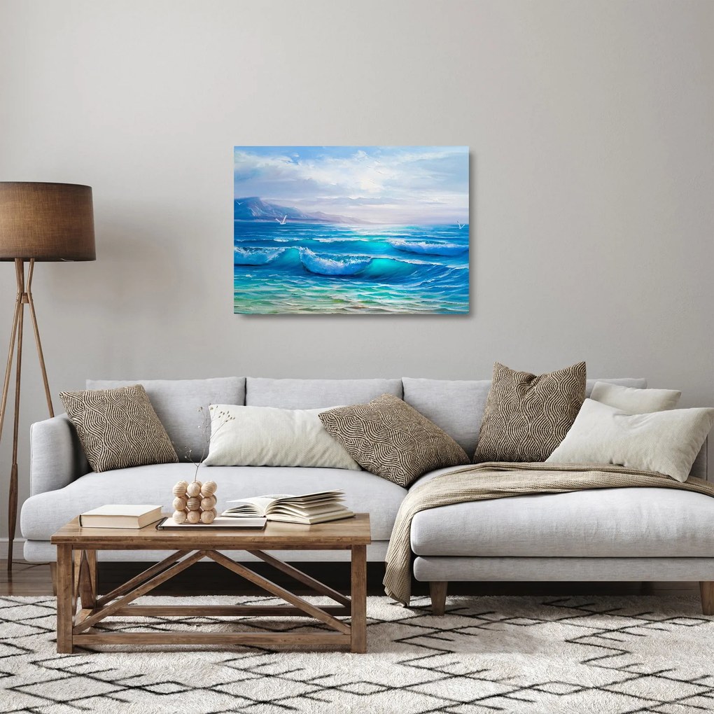 Üveg kép - Olajfestmény a tengerről sirályokkal (70x50 cm)