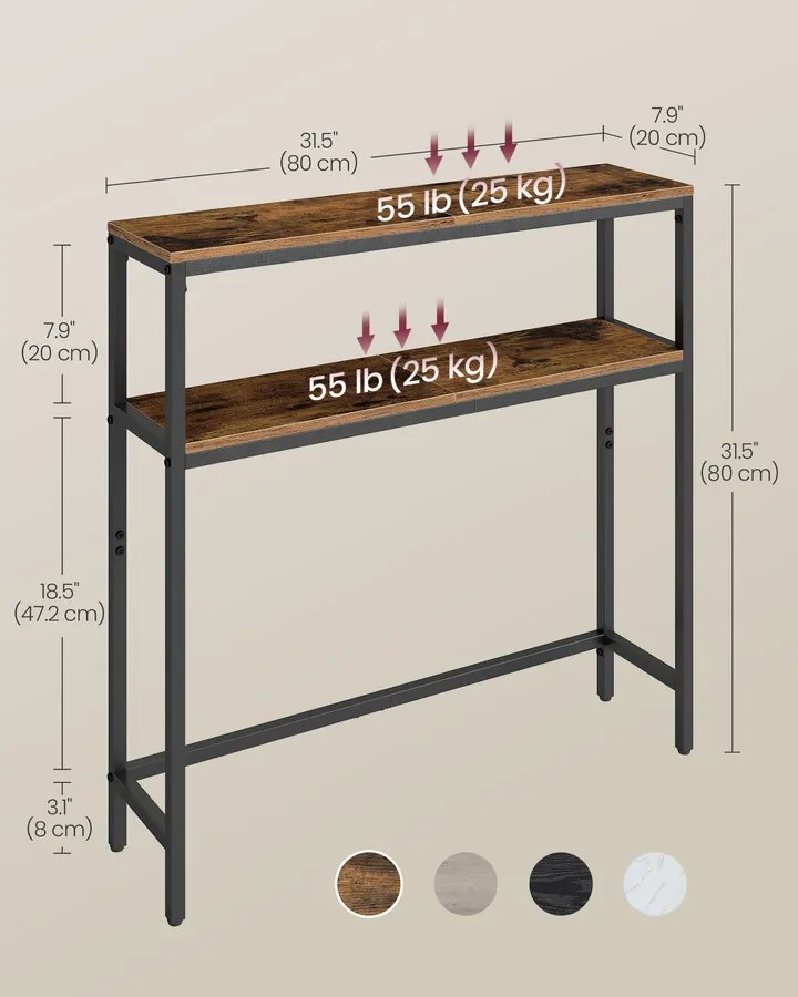 Előszobai konzolasztal, 2 szintes, rusztikus barna és fekete színben