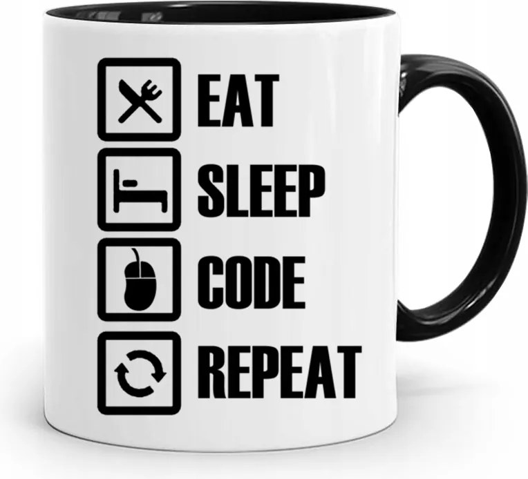 Eat Sleep Fekete Fejlesztői Informatikai Bögre fényképes nyomtatással