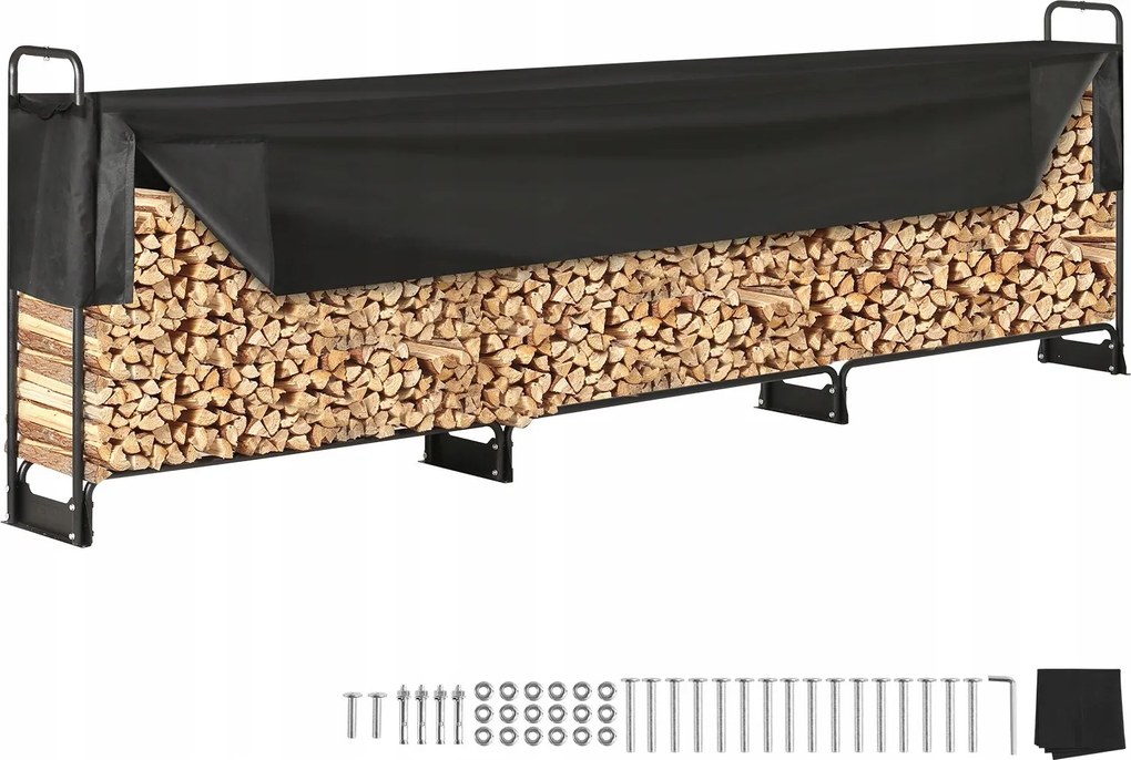 Kandalló tűzifa tartó állvány nagy fém kosár +ponyva 259x36cm