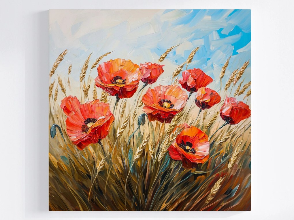 Vászonkép Canvas Olaj Mező Falu Gabona Virágok Piros Pipacs 40x40