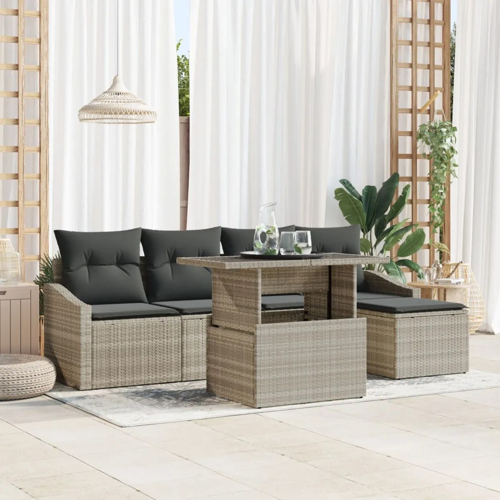 6 részes kerti sofa szett párnákkal világos szürke poli rattan