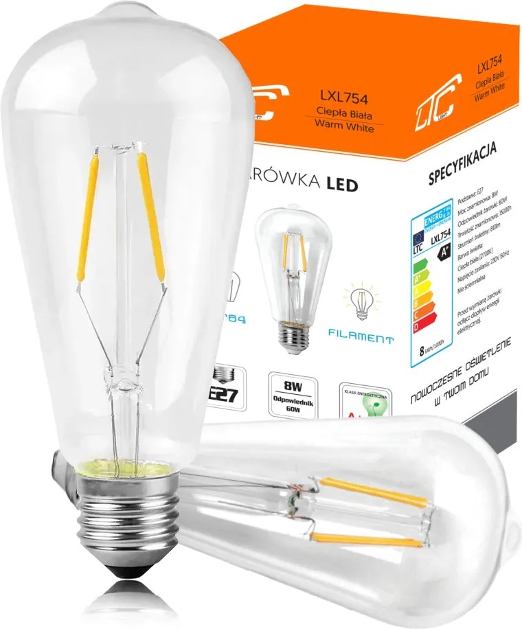 Led Dekorációs Izzó Ltc ST64 E27 Filament 8W Meleg Fehér 810LM 2700K