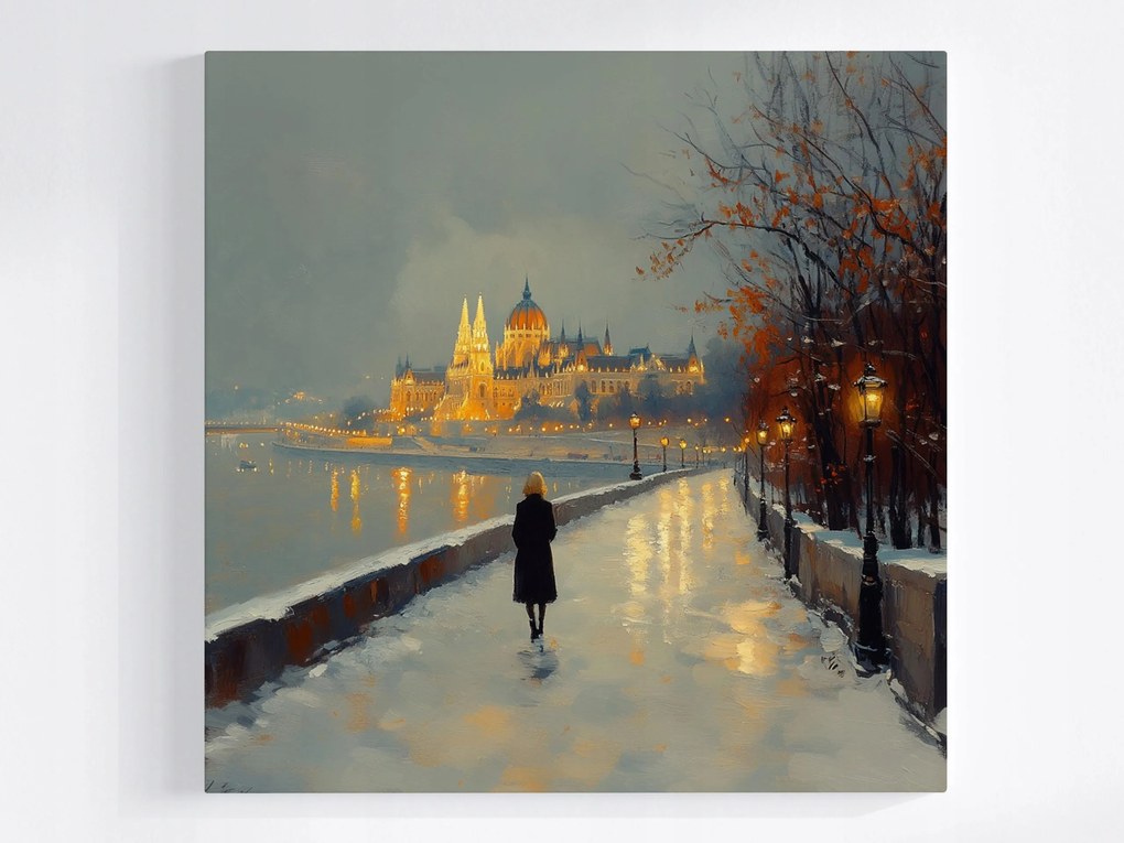 Canvas Vászonkép Budapest Tél Parlament Lámpások Duna 80x80