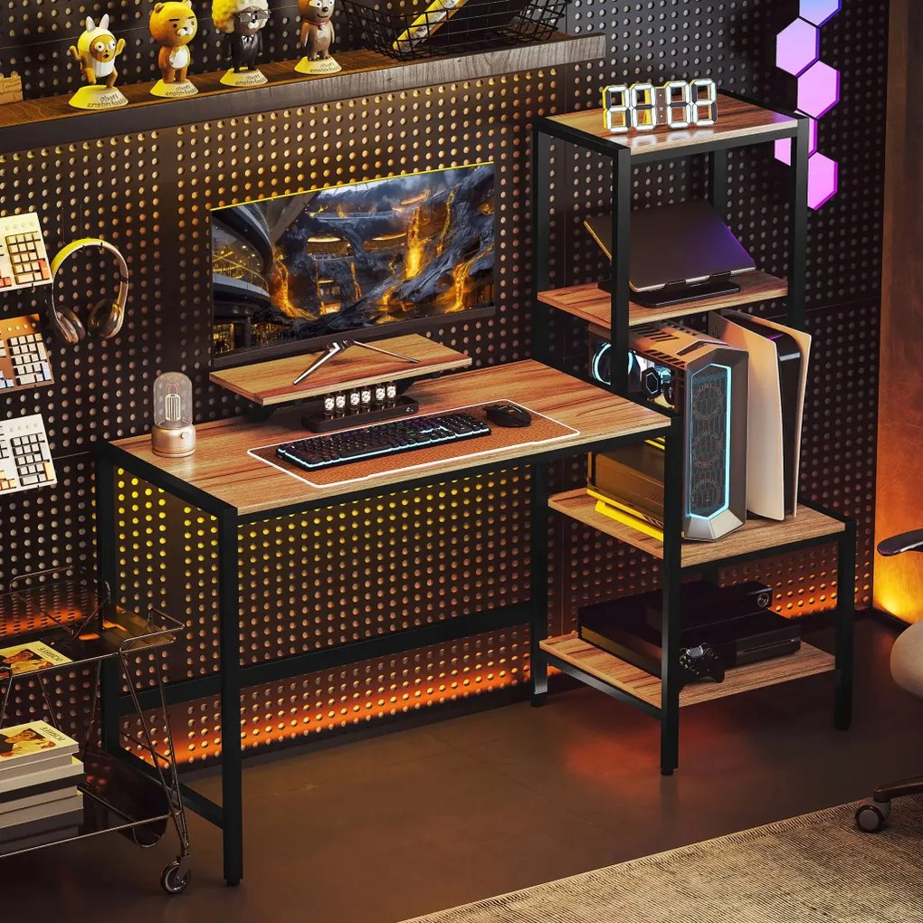 HOMCOM Íróasztal monitorállvánnyal, szintes polccal, Ipari Design, barna