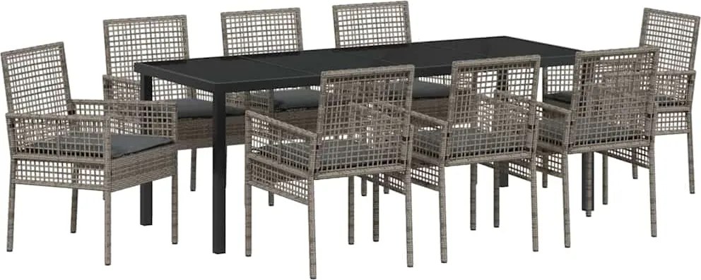vidaXL Kert étkező szett párnával 9 pcs Szürke polirattan