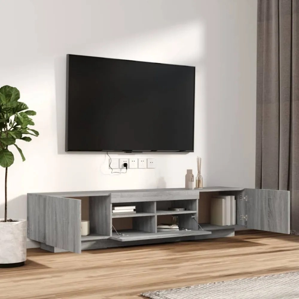 2 részes szürke sonoma színű fa TV-szekrény szett LED-lámpákkal