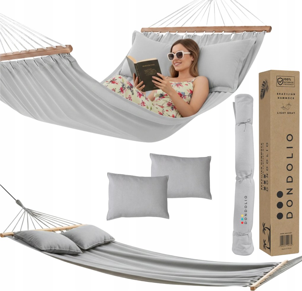Kétszemélyes Kerti Függőágy XXL Világos Szürke Boho Rúddal Párnák