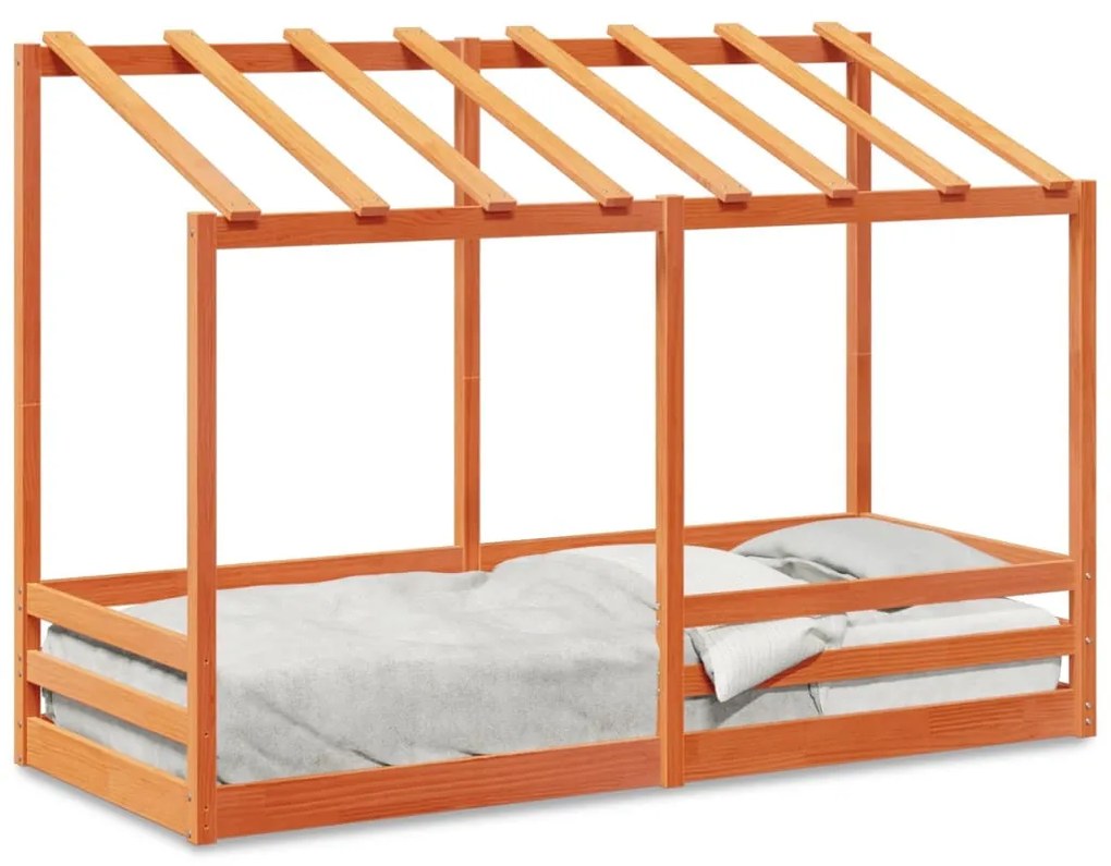 viaszbarna tömör fenyőfa gyerekágy tetővel 75 x 190 cm