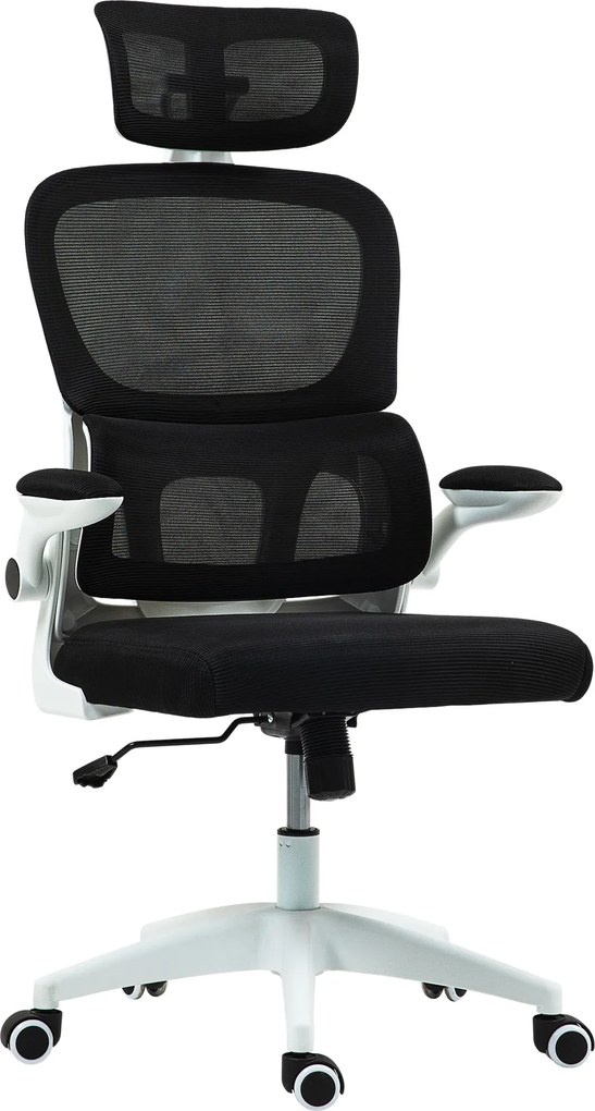 HOMCOM Ergonomikus Irodai Szék Felhajtható Karfával és Fejtámasszal, Forgószék Állítható Magassággal, Lumbális Támasszal és Ringató Funkcióval Hálós A