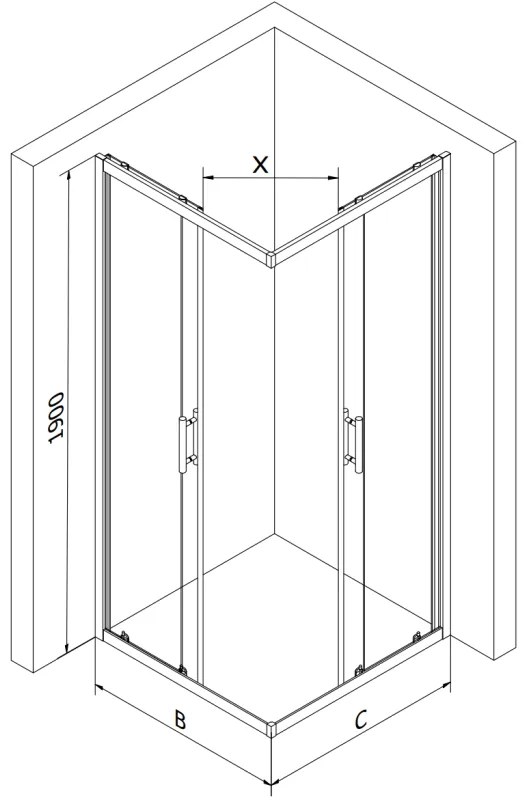 Mexen Rio, szögletes zuhany tolóajtóval 80 (ajtó) x 80 (ajtó) x 190 cm, 5 mm-es mattüveg, arany profil + fehér zuhanytálca RIO, 860-080-080-50-30-4510