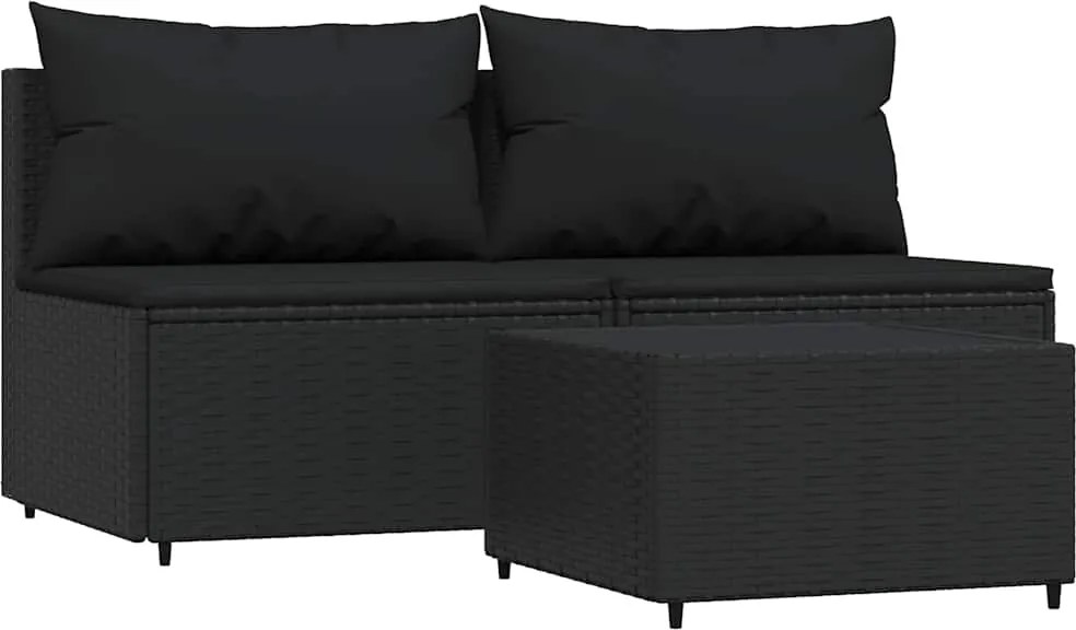 vidaXL 3 részes fekete polyrattan kerti ülőgarnitúra párnákkal