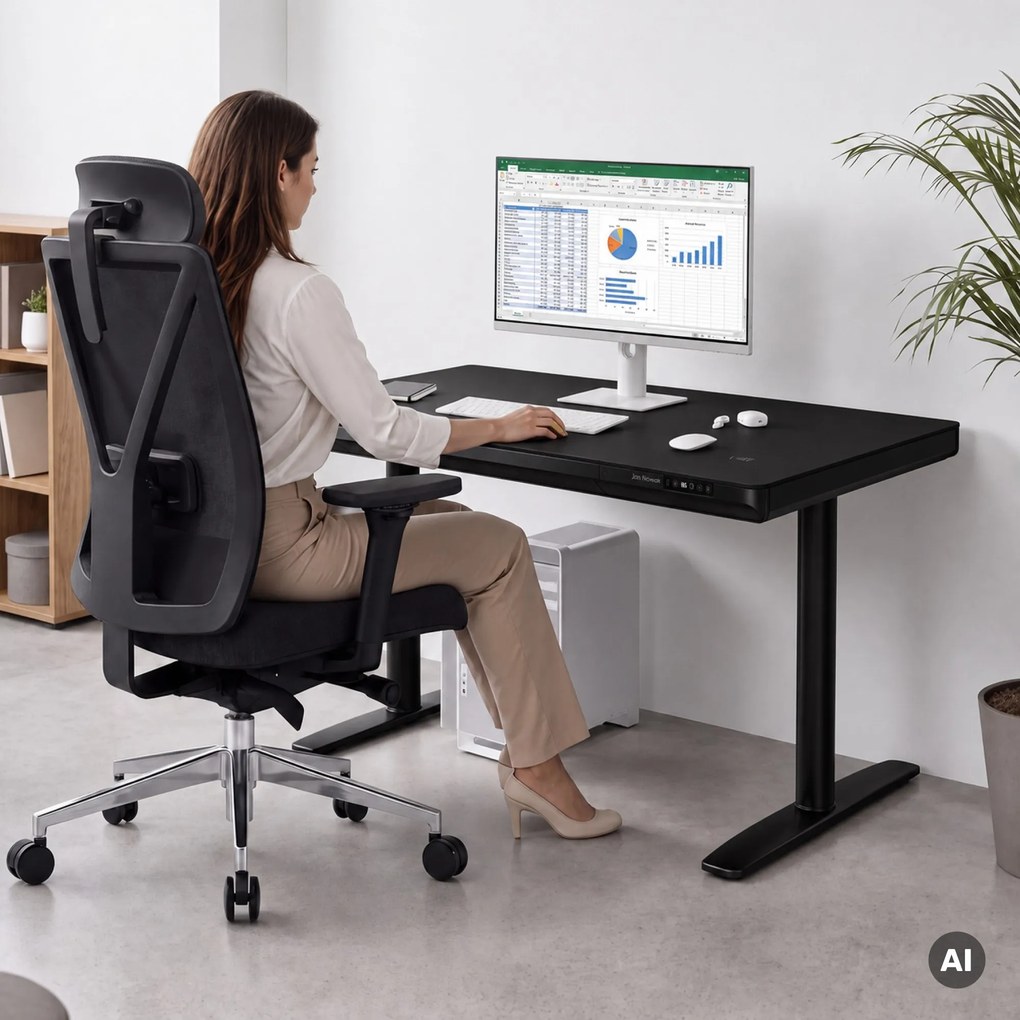 Elektromos ülő-álló íróasztal fiókkal és Qi vezeték nélküli töltővel fekete, 1200 mm: ELLIS