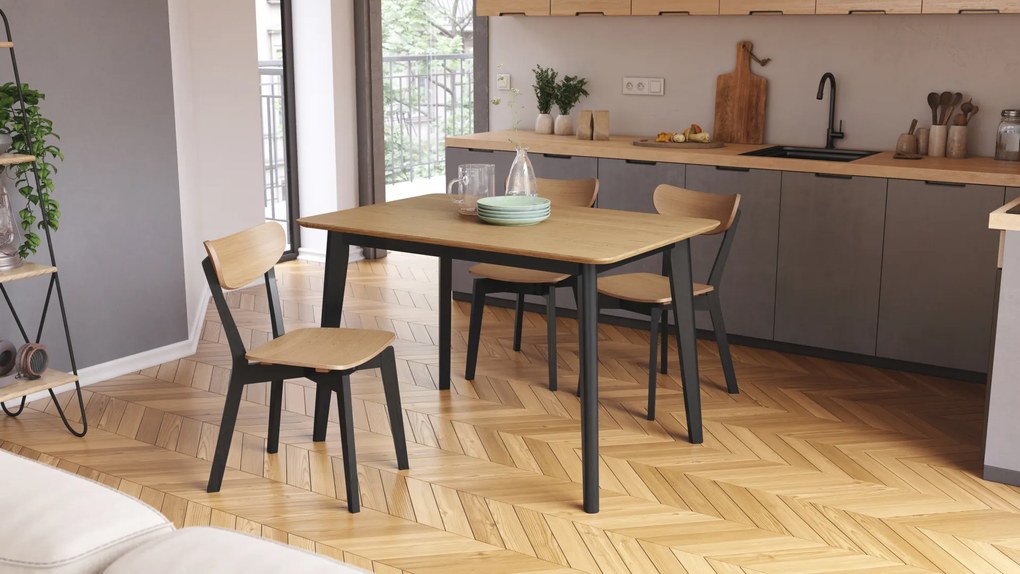 MAZZONI EXPORT ROXY Természetes Tölgyfa/fekete asztalkeret - RETRO TÉGLALAP 120x80 cm ALAKÚ FA ASZTAL KONYHÁBA/ÉTKEZŐBE