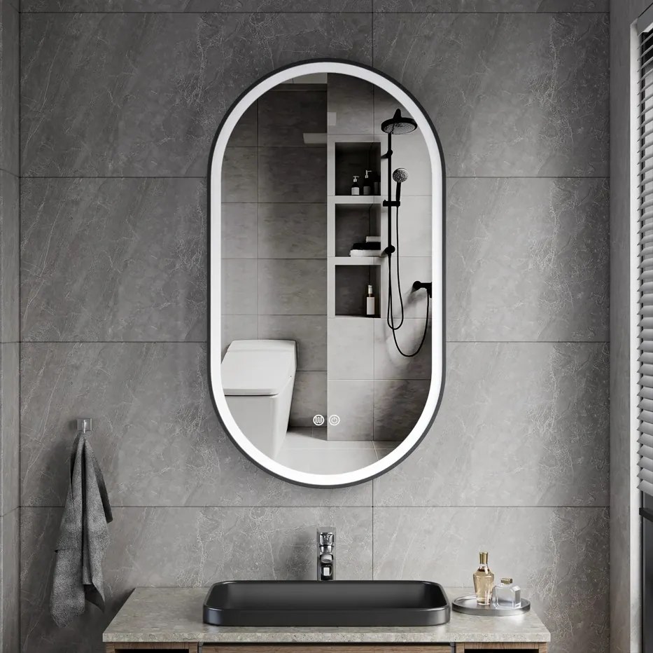 Erga Gwen, ovális LED tükör 50x90cm fekete fém keretben, 3 világos szín, elülső világítás, páramentes fűtőpárna, ERG-V01-GWEN-5090-BK
