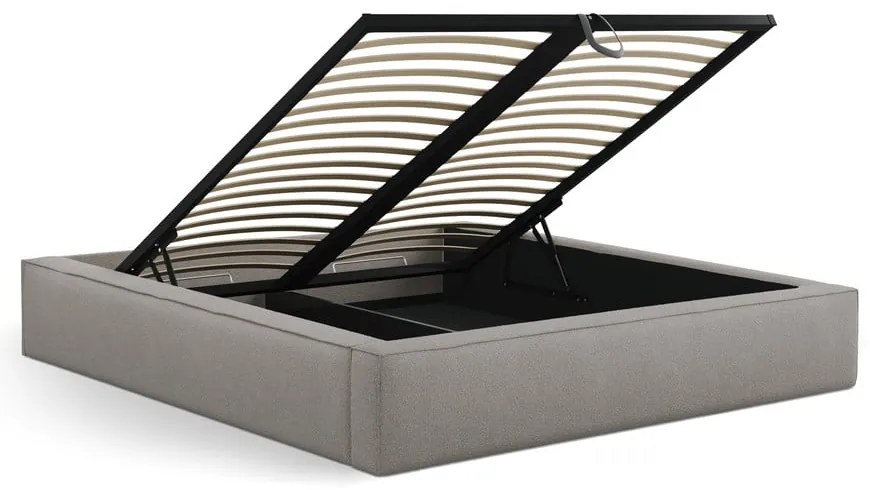 Világosszürke kárpitozott ágyneműtartós franciaágy ágyráccsal 140x200 cm Simon Darren – Micadoni