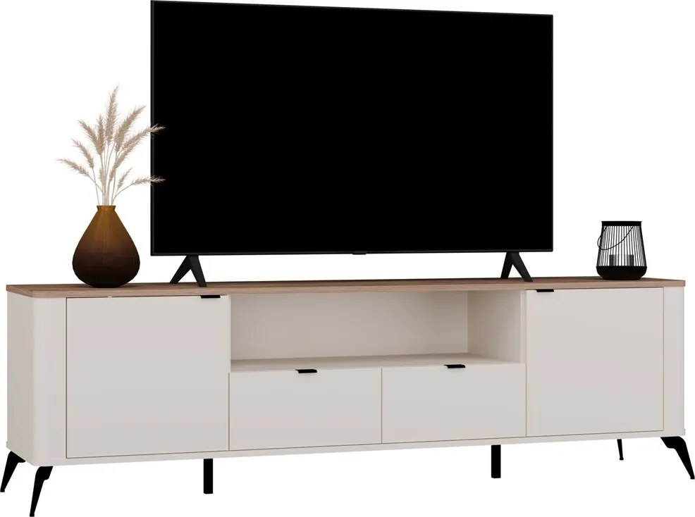 Aldabra RTV CORDOBA 2D2S TV állvány 186x43x11.5 cm, kasmír, fekete lábakkal, tölgy fedlappal