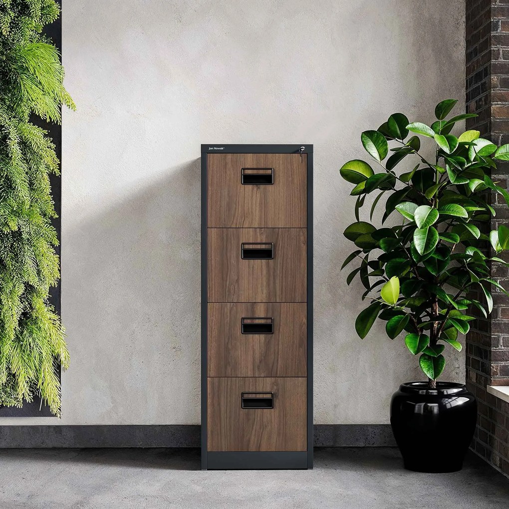 Fém irattartó szekrény, 4 fiókos SARA V4, 460 x 1320 x 620 mm, Eco Design: antracit/ dió