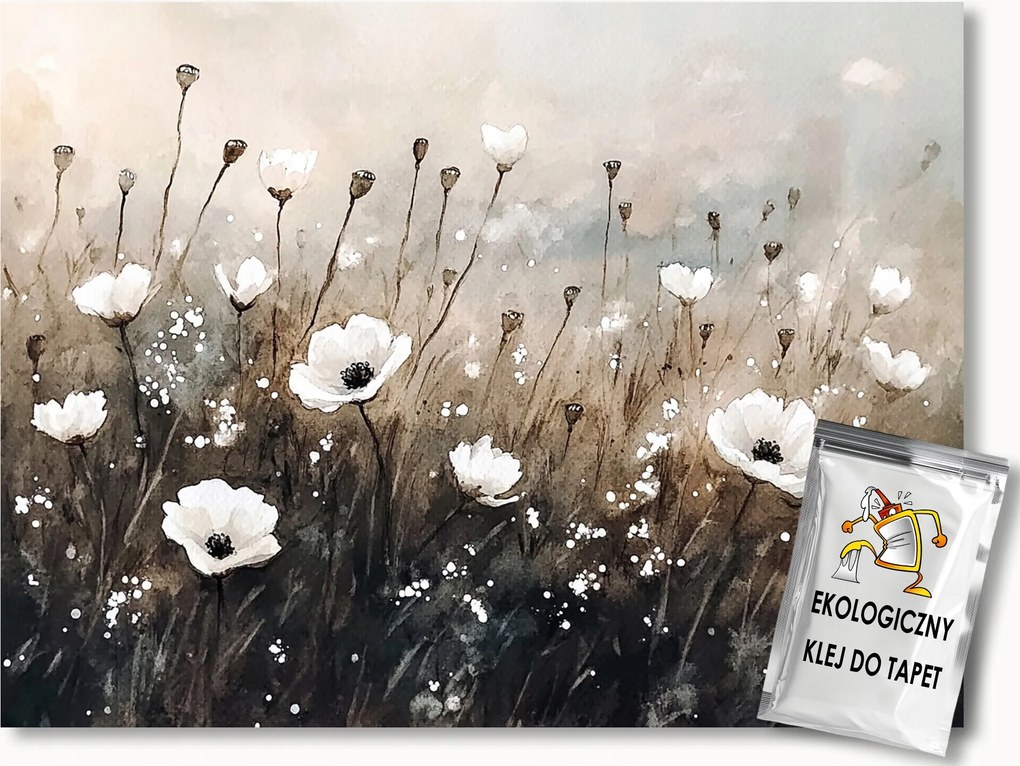 Fotótapéta Flizelina Fehér Pipacs Szépia Vintage Rét Barna 100x75 ragasztó