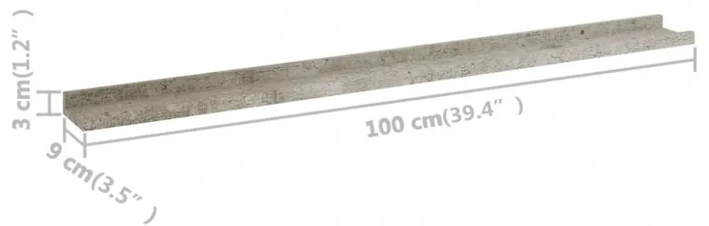 2 db betonszürke fali polc 100 x 9 x 3 cm