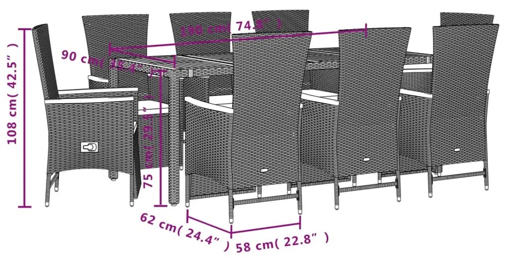 9 részes fekete polyrattan kerti étkezőgarnitúra párnákkal