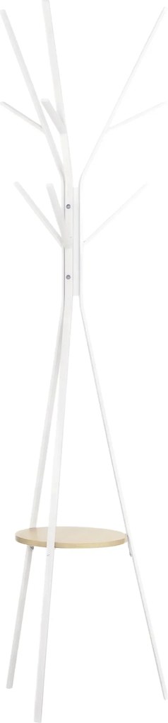 HOMCOM Kabátállvány 8 Horganyzóval, Kalaptartó, Polcos Kabátállvány, Álló Gardrób Ruhákhoz, Kalapokhoz, Táskákhoz, Fém, Fehér, 45 x 45 x 180 cm | Aoso