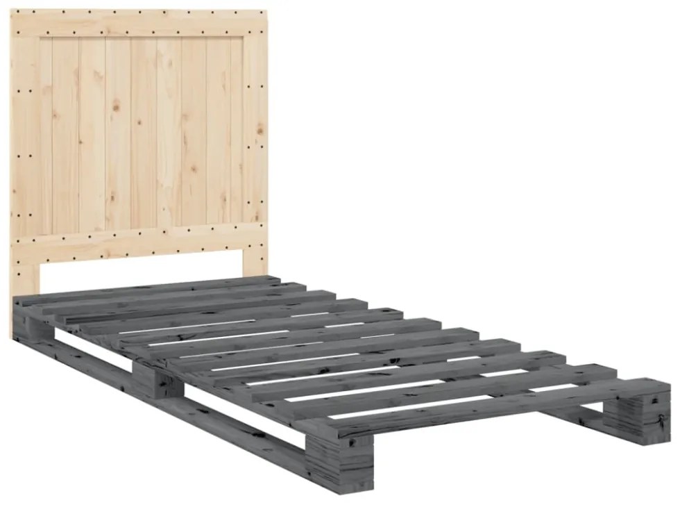szürke tömör fenyőfa ágykeret fejtámlával 90 x 200 cm