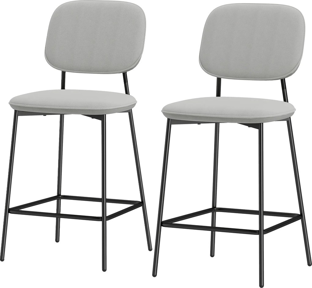 HOMCOM 2 db Bárszék Készlet Magas Konyhai Székek Háttámlával és Lábpihentetővel, Műanyag Velúrból, Acél Váz, Modern Magas Székek Konyhapulthoz Világos