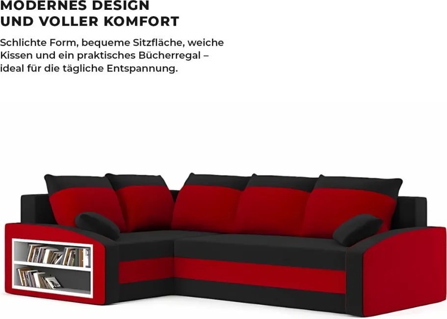 Grande sarokkanapé polcokkal , polc a bal karfaban, baloldali, szövet anyag, bonell töltet, fekete - piros