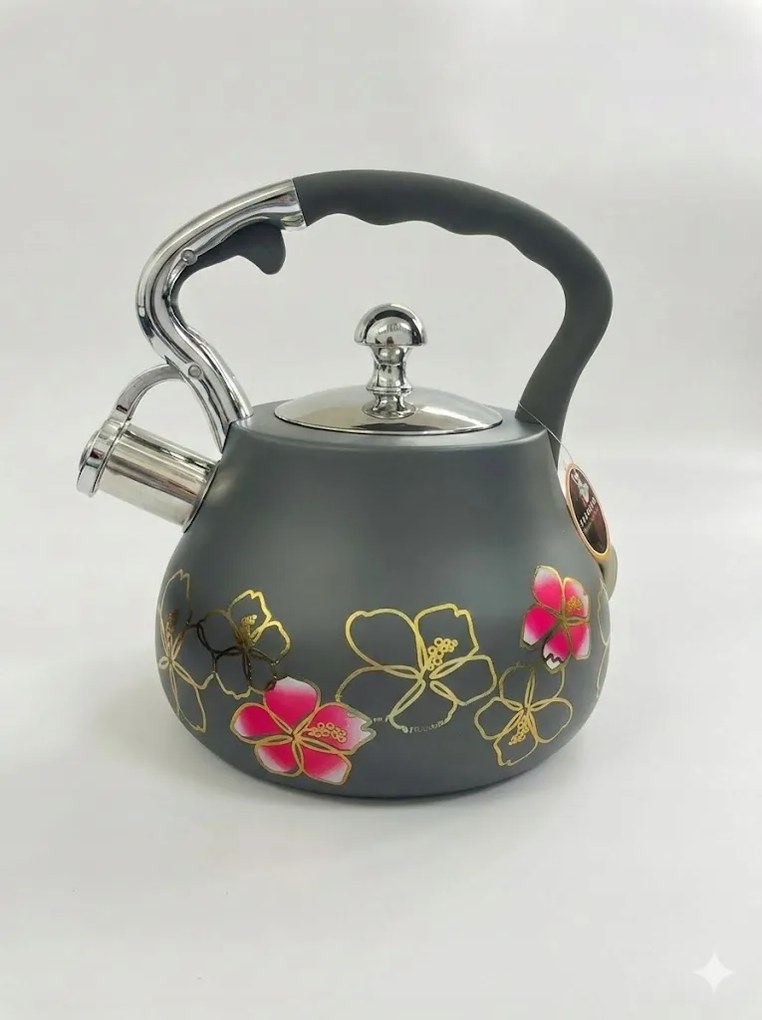 Vízforraló síppal 3 l szürke virágmintás, arany kontúrral, indukciós