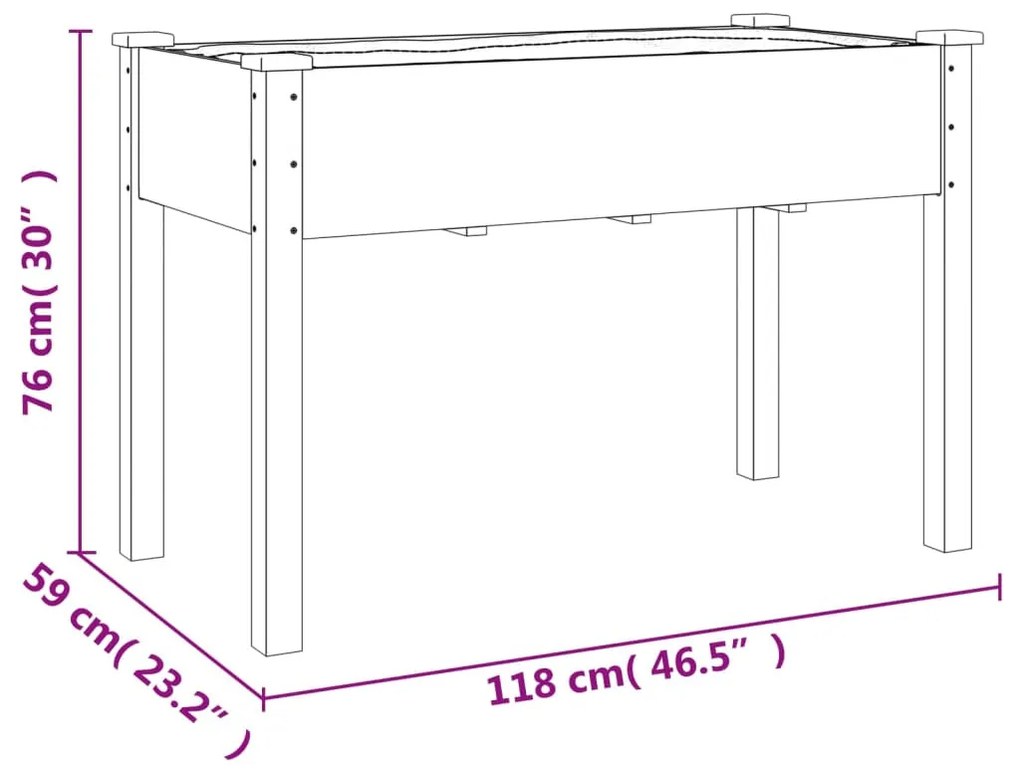 szürke tömör fenyőfa kerti ültetőláda béléssel 118 x 59 x 76 cm
