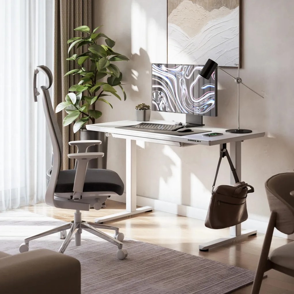 Állítható magasságú íróasztal, 120 x 60 cm, fejhallgatótartóval, üveglappal fehér