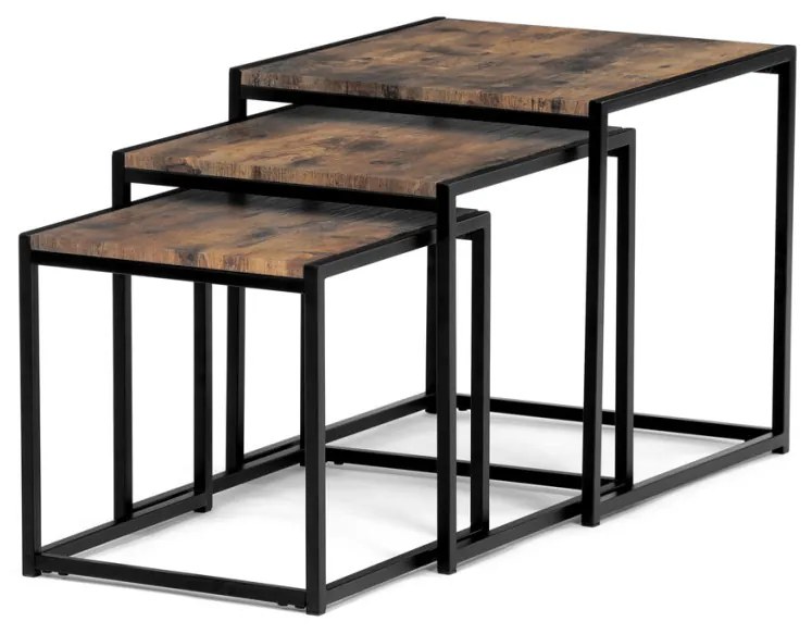 Set 3 măsuțe, MDF, decor lemn vechi, metal, lac negru