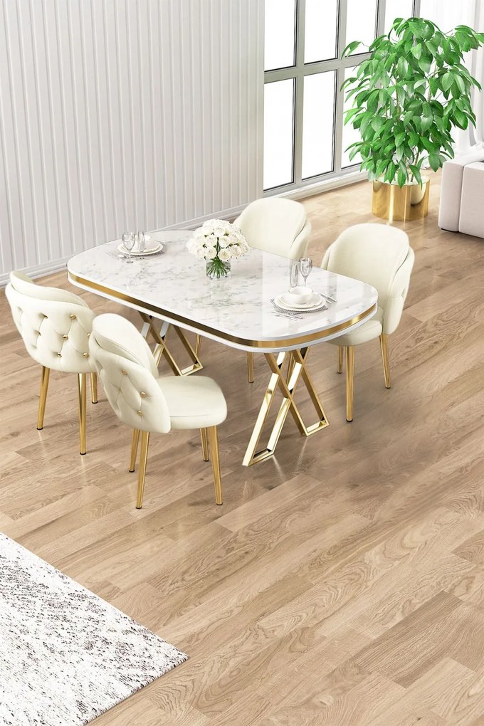 Zae étkezőgarnitúra, fehér márvány-arany, 168 cm – TR240CHR3063
