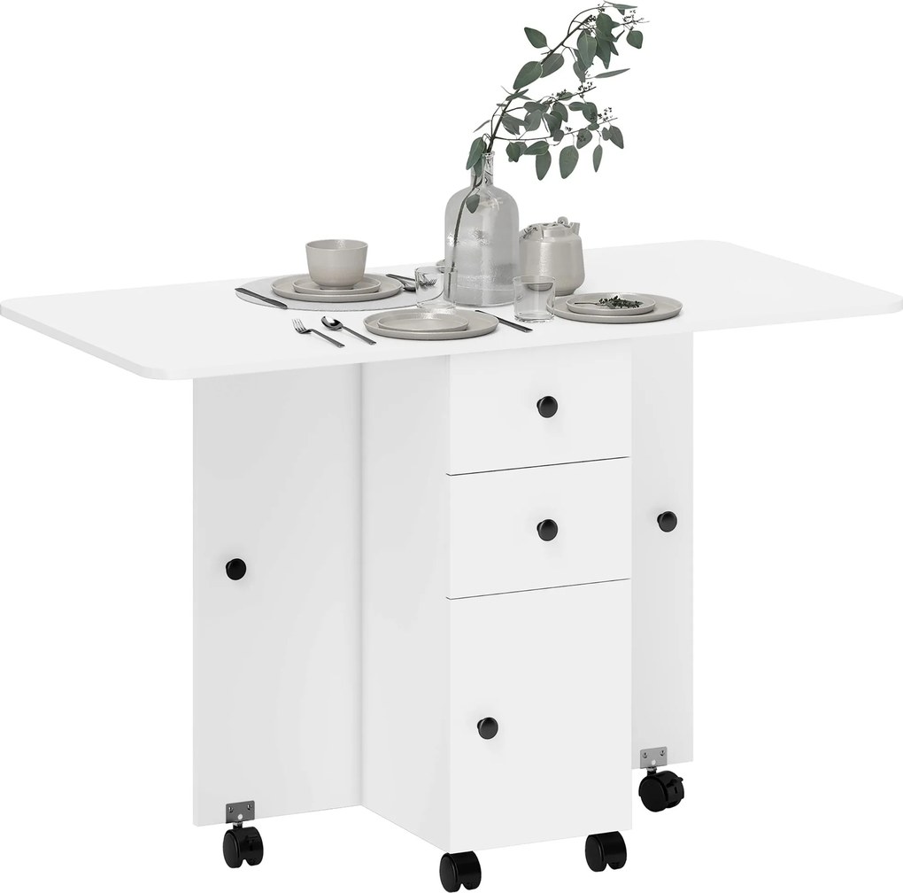 HOMCOM Összecsukható Étkezőasztal Konyhaasztal Kerekekkel, Összecsukható Szárnyakkal, Fiókokkal és Szekrénnyel 4-6 Főnek 120x60x76,5 cm Fehér | Aosom