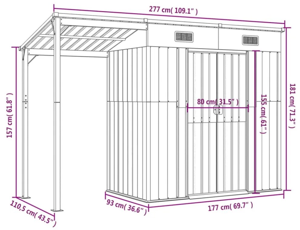 vidaXL antracitszürke fészer meghosszabbított tetővel 277x107x181 cm