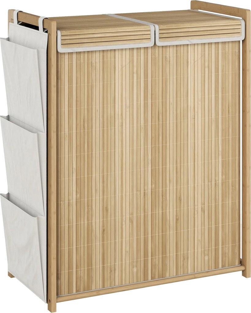 HOMCOM 120 l bambusz szennyeskosár fedéllel, 2 rekesz, levehető mosható zsinóros betétek, oldalzsebek, 63 x 33 x 78 cm, natúr | Aosom