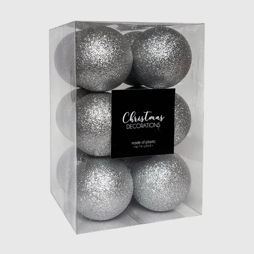 Ezüst glitteres műanyag karácsonyi gömb szett 12x6cm