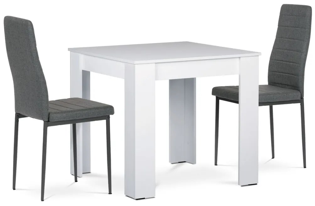 Jídelní set 1+2, stůl 80x80 cm, bílé lamino, židle šedá látka, šedý lak