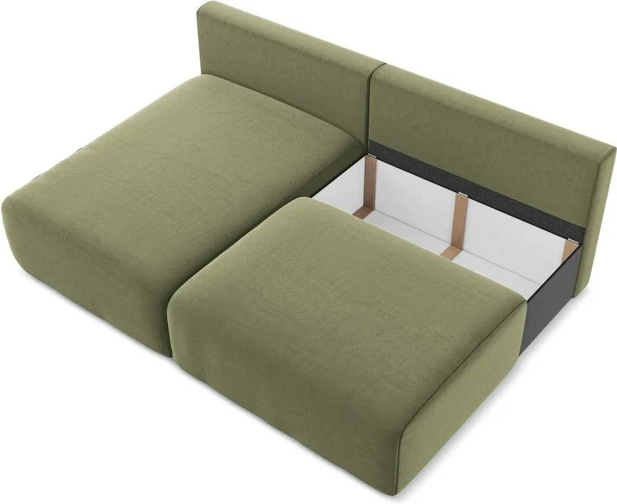 Zöld bársony kinyitható-tárolóhelyes sarokkanapé (bal oldali-heverő résszel) Kalena – Makamii