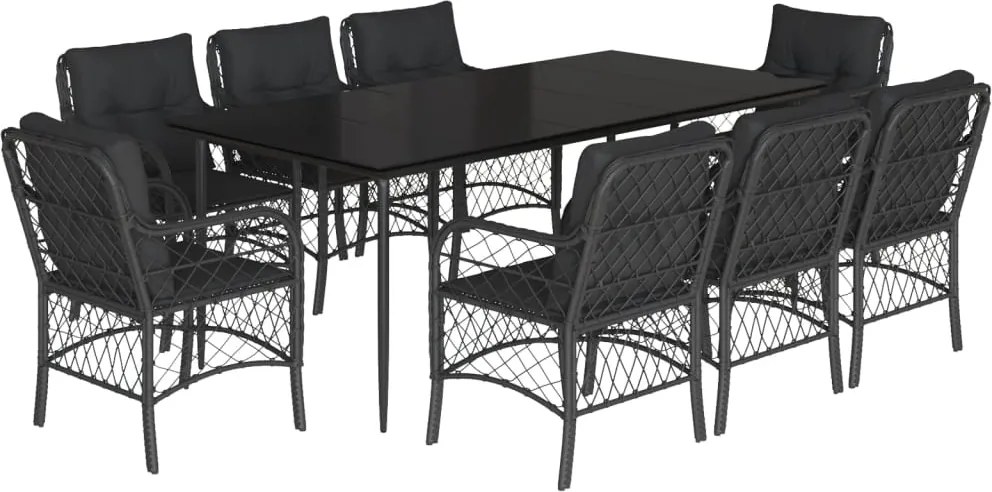 vidaXL 9 részes fekete polyrattan kerti étkezőgarnitúra párnákkal