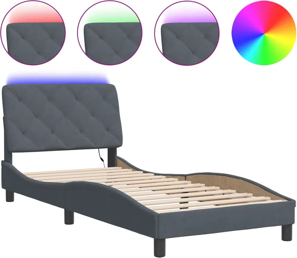 vidaXL sötétszürke bársony ágykeret LED-ekkel matrac nélkül 90 x 190 cm