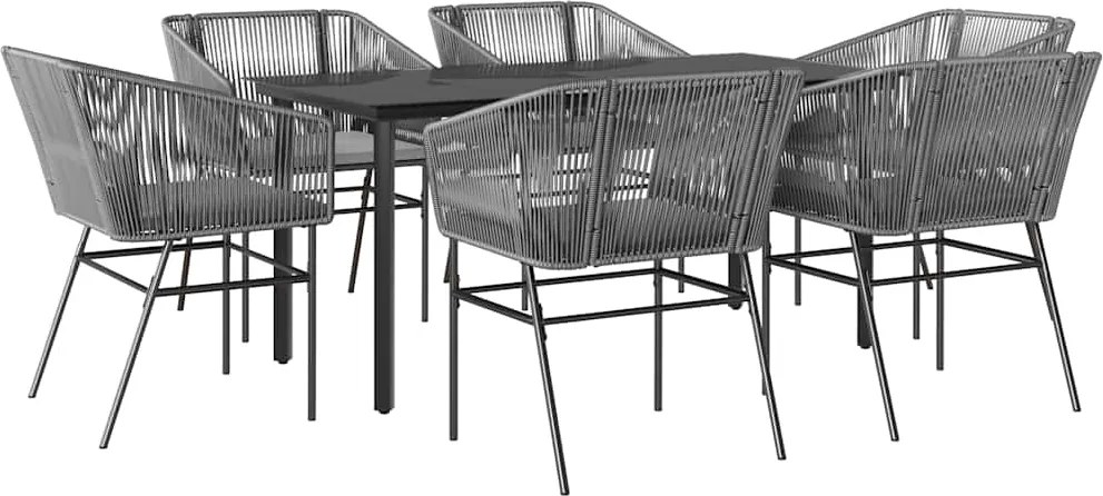 vidaXL 7 részes szürke polyrattan üveg kerti étkezőgarnitúra párnával